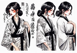 a black-haired woman dressed in a black and white robe, middle-aged, beautiful tattoo idea