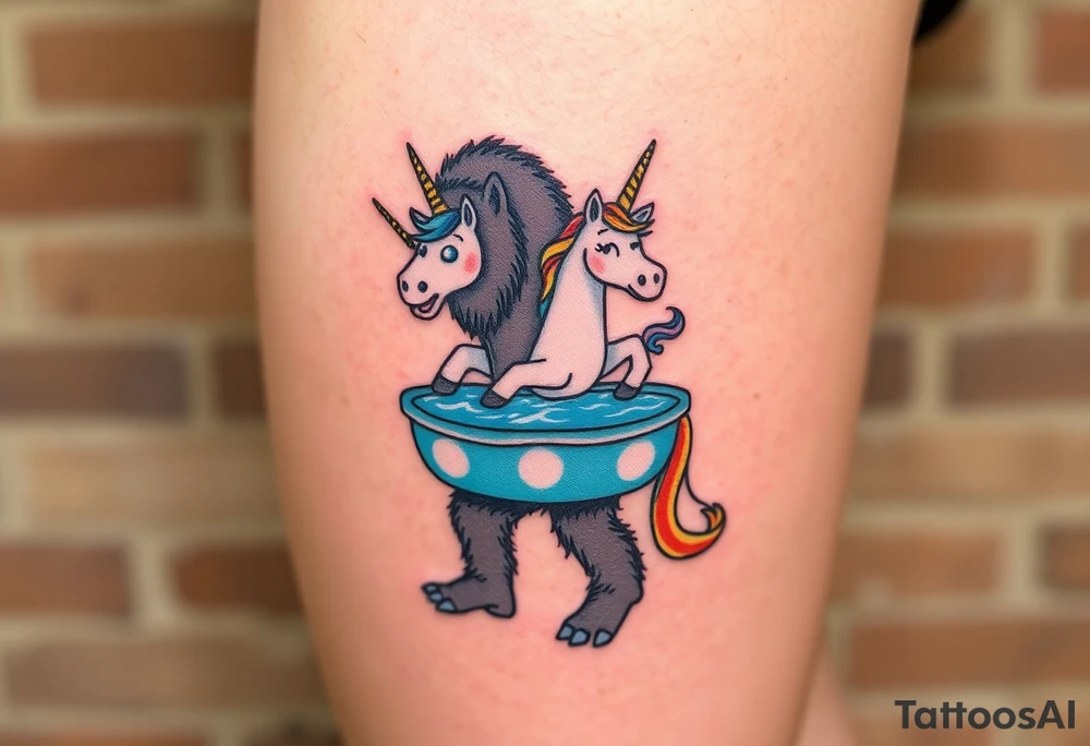 Bigfoot wearing a unicorn pool tube full leg piece 
Funny tattoo idea