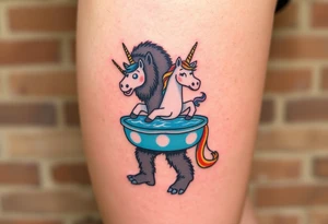 Bigfoot wearing a unicorn pool tube full leg piece 
Funny tattoo idea