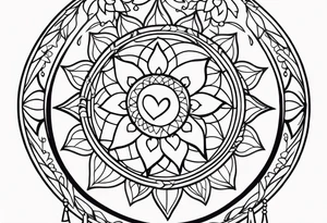 Dream catcher with hearts and flowers tattoo idea