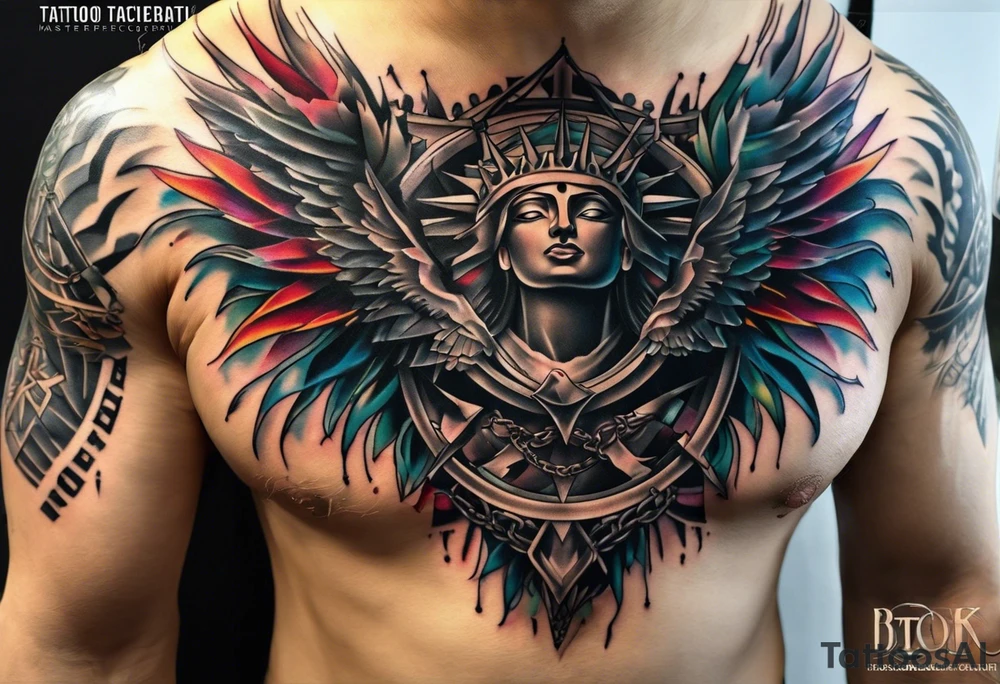 Wide tattoo that appears to be bursting out of the skin, symbolizing freedom with broken chains. The tattoo should be vibrant and dynamic, with bold lines and colors that evoke a sense of liberation and empowerment. The tattoo should be visually striking and thought-provoking. tattoo idea