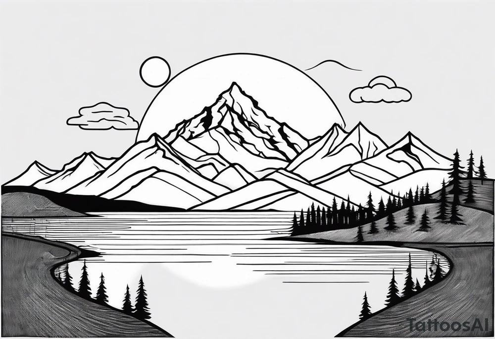 mountains, lake, yurt, sun, road tattoo idea