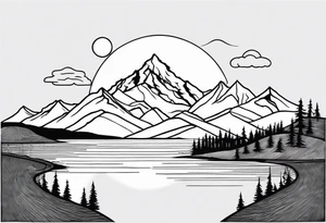 mountains, lake, yurt, sun, road tattoo idea