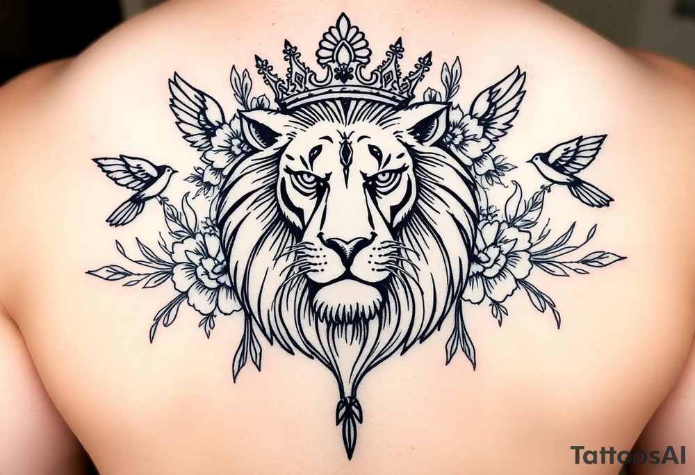 powerful majestic lion with a crown, surrounded by floral ornaments and birds tattoo idea