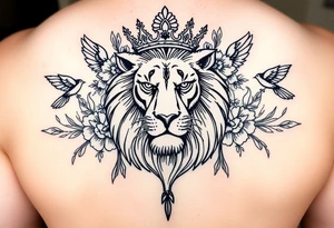 powerful majestic lion with a crown, surrounded by floral ornaments and birds tattoo idea