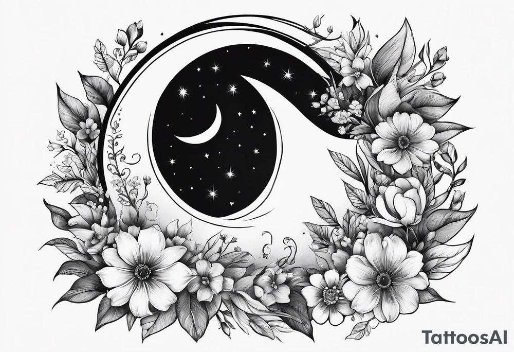 Crescent moon shrouded in pretty flowers tattoo idea