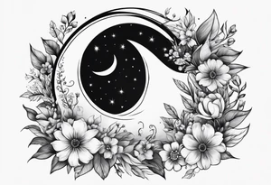 Crescent moon shrouded in pretty flowers tattoo idea