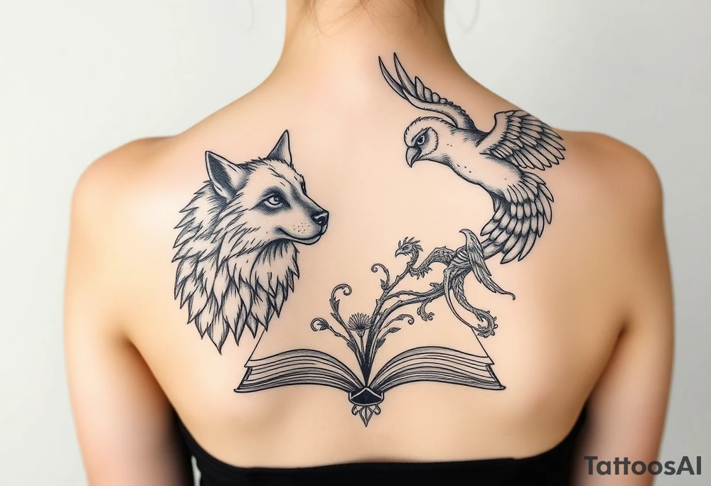 An open book with a werewolf, owl, dragon & phoenix above it tattoo idea An open book with a werewolf, owl, dragon & phoenix above it tattoo idea