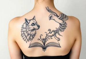 An open book with a werewolf, owl, dragon & phoenix above it tattoo idea