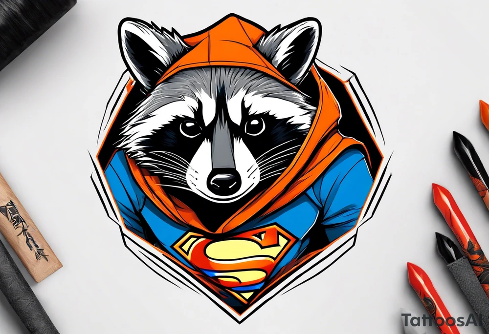 Raccoon wearing an orange Superman hoodie tattoo idea