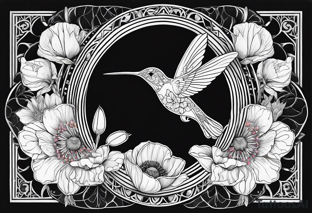 Fine line background black mandala with colorful poppy flowers and honeysuckle flowers and hummingbird tattoo idea