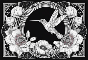 Fine line background black mandala with colorful poppy flowers and honeysuckle flowers and hummingbird tattoo idea
