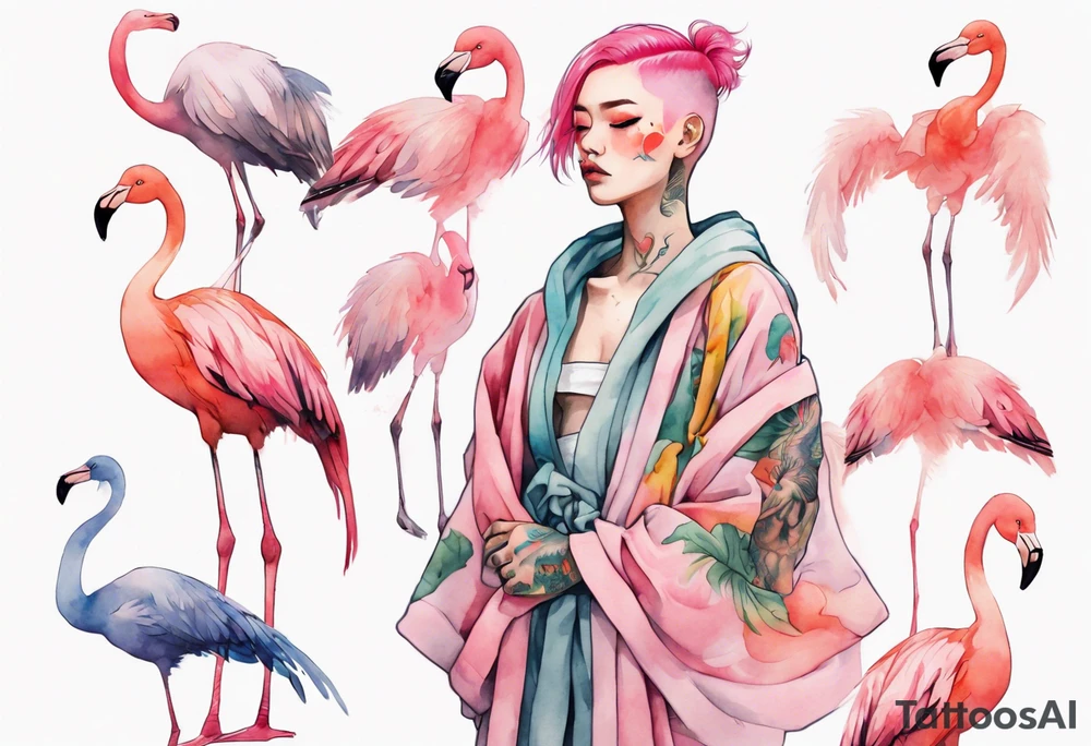 a nonbinary person with pink hair and a rainbow robe standing next to a flamingo tattoo idea