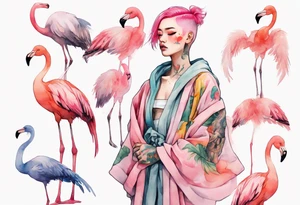 a nonbinary person with pink hair and a rainbow robe standing next to a flamingo tattoo idea