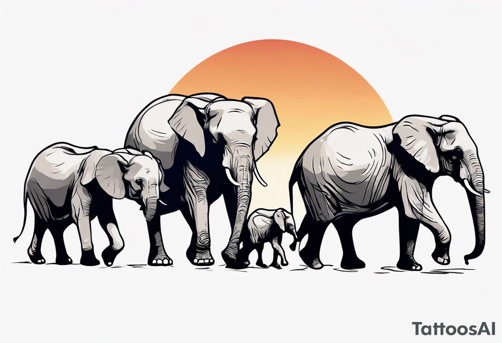 family of 6 elephants walking into sunset tattoo idea