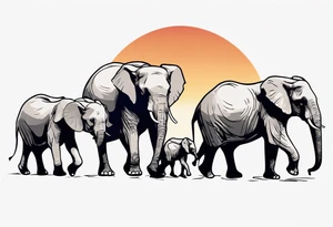 family of 6 elephants walking into sunset tattoo idea