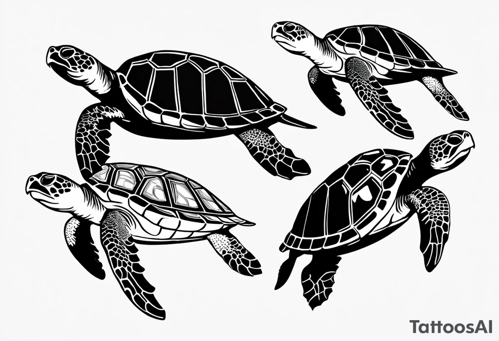 Four sea turtles swim in a row one after the other tattoo idea