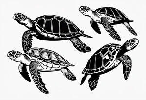 Four sea turtles swim in a row one after the other tattoo idea
