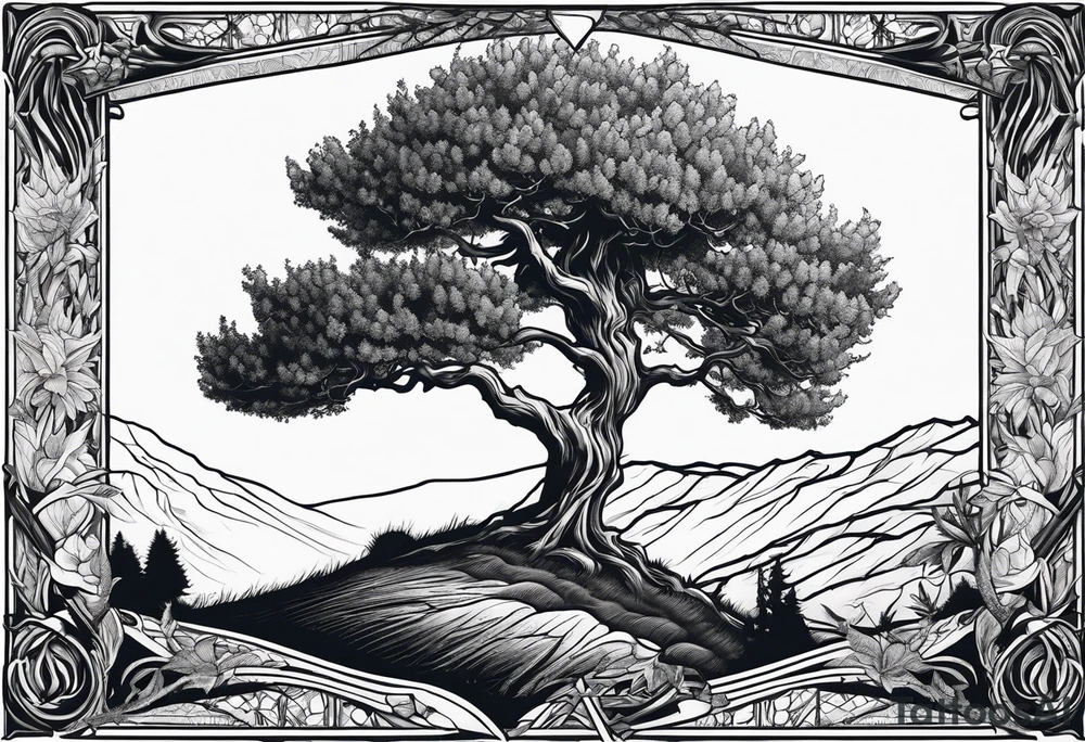 Hawthorne tree on hill, over a sword grave marker with a wilted thistle tattoo idea