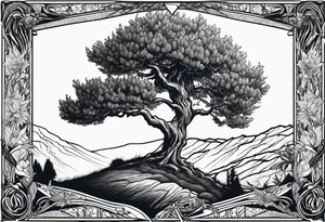 Hawthorne tree on hill, over a sword grave marker with a wilted thistle tattoo idea