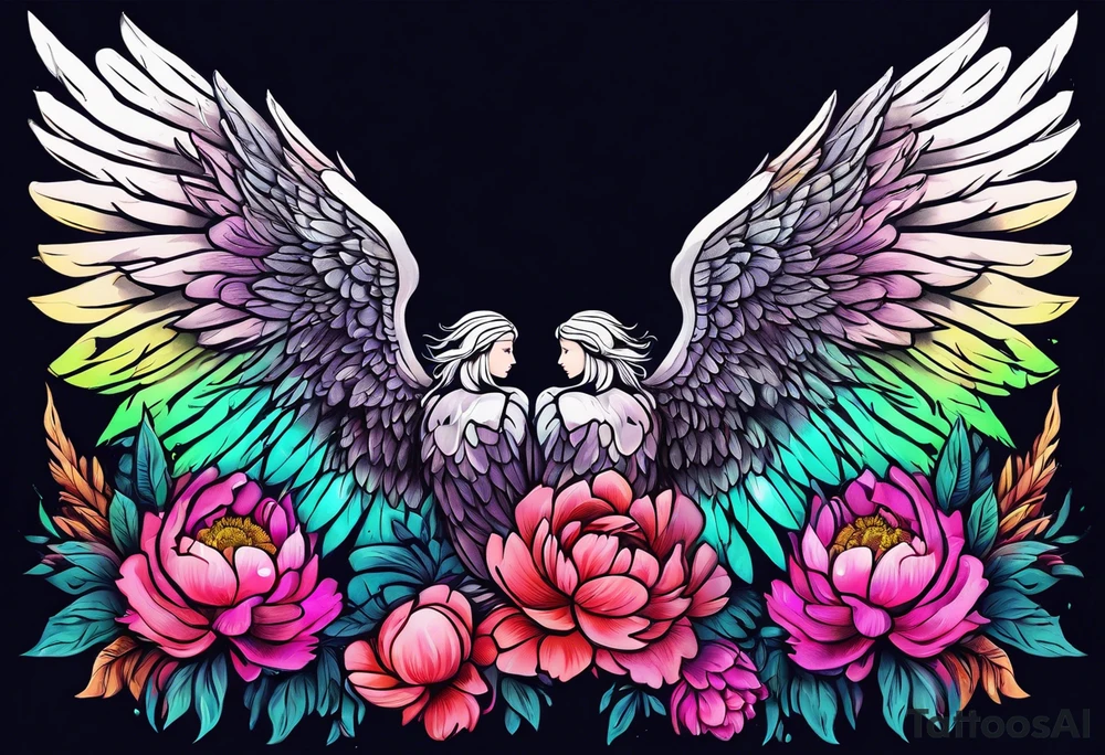 beautiful colorful neon angel wings, surrounded by beautiful peonies, new school style, streetwear, urban wear, tattoo idea