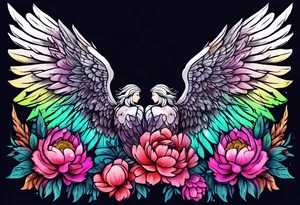 beautiful colorful neon angel wings, surrounded by beautiful peonies, new school style, streetwear, urban wear, tattoo idea