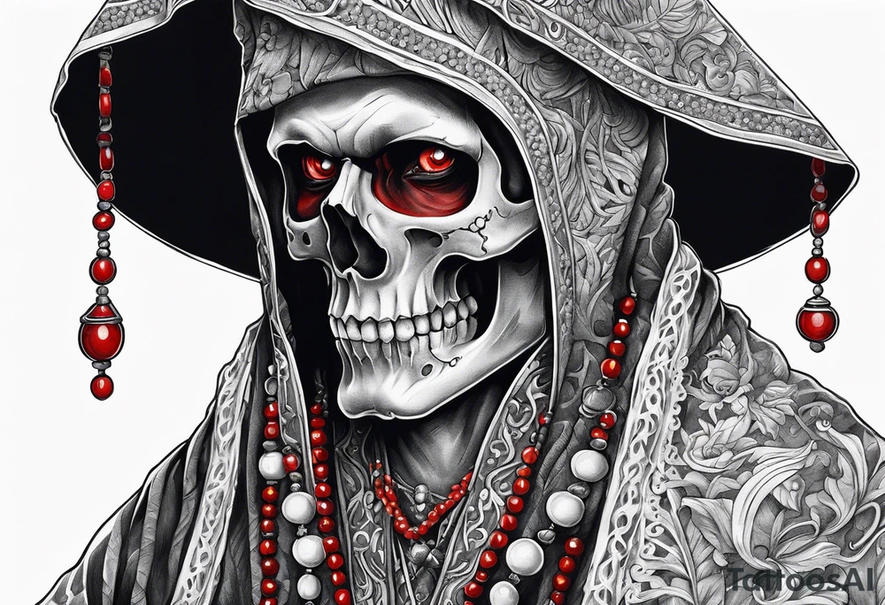 A skull in a robe. Red eyes, beads in hand tattoo idea