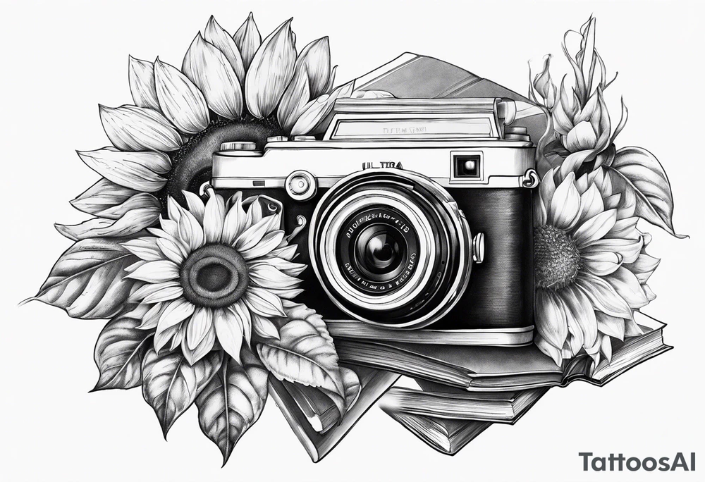 sunflower, book, camera, fish tattoo idea
