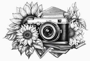 sunflower, book, camera, fish tattoo idea