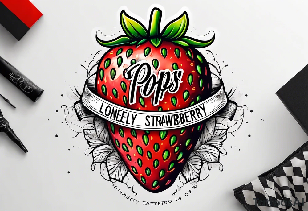 lonely strawberry wrapped in banner saying Pops tattoo idea