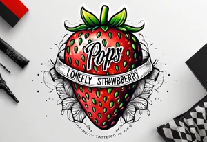 lonely strawberry wrapped in banner saying Pops tattoo idea