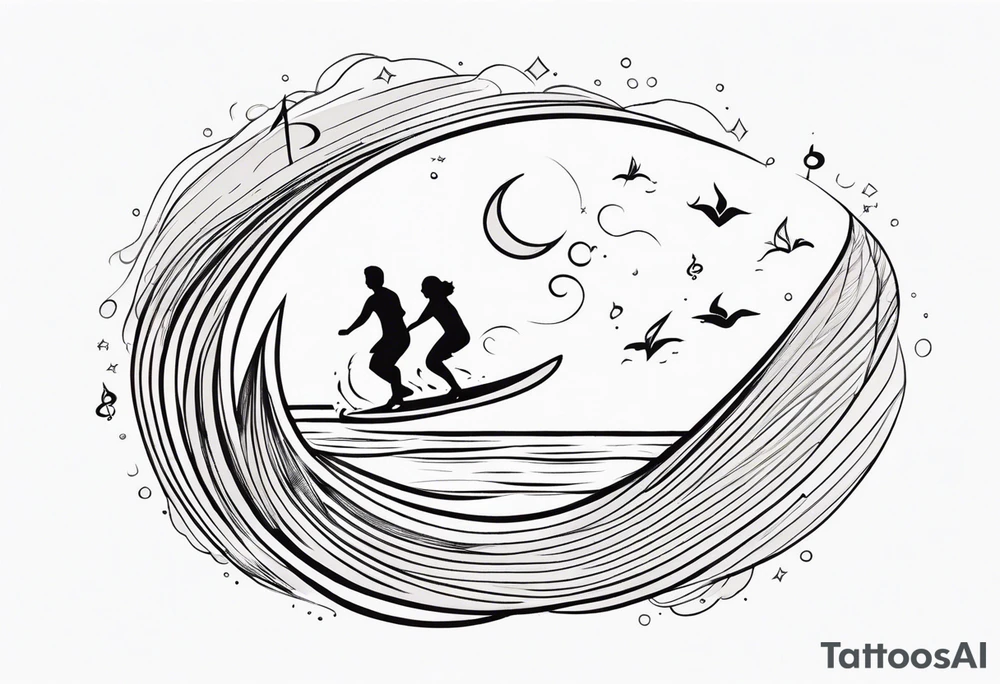 Black and white Line work tattoo depicting a father surfing with his daughters, incorporating musical notes. tattoo idea