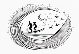 Black and white Line work tattoo depicting a father surfing with his daughters, incorporating musical notes. tattoo idea