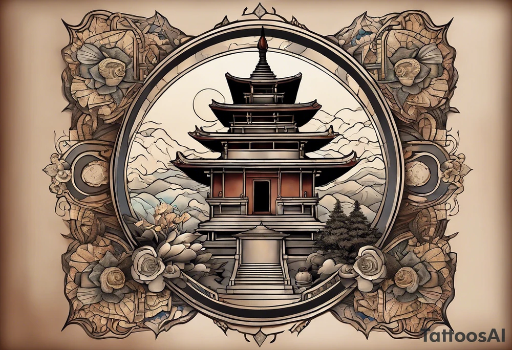 a old world map as the background with a small Buddhist stupa at the bottom for the back of a forearm tattoo idea