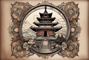 a old world map as the background with a small Buddhist stupa at the bottom for the back of a forearm tattoo idea