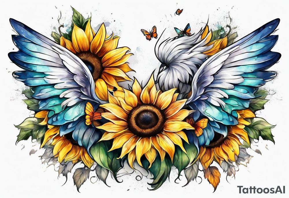 Sleeve with angel wings, sunflower and butterfly tattoo idea