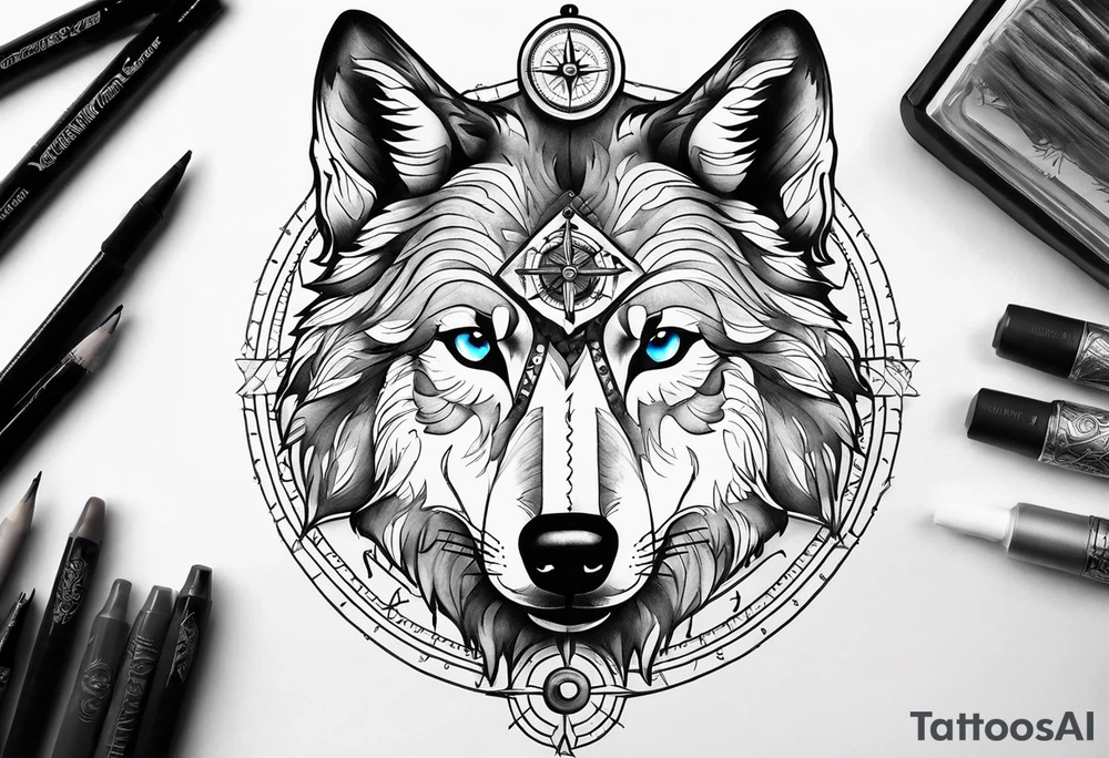 Wolf face with compass and my daughters name Madison tattoo idea