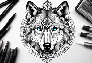 Wolf face with compass and my daughters name Madison tattoo idea