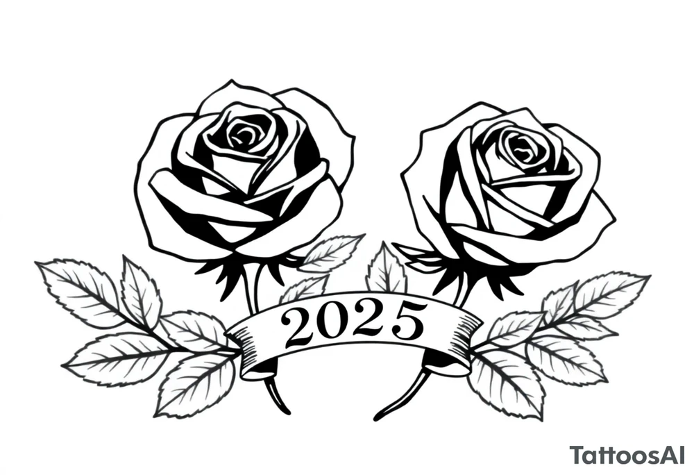 two beautiful large rose buds, one larger than the other, with many leaves next to the rose buds, with one sitting higher than the other. Include a banner connecting the two roses with the year 2025 on it.   Use dark outlines with little shading. The two stems should be short, not long, and connect and join into one stem, whimsically curved or twisted - not straight down. tattoo idea