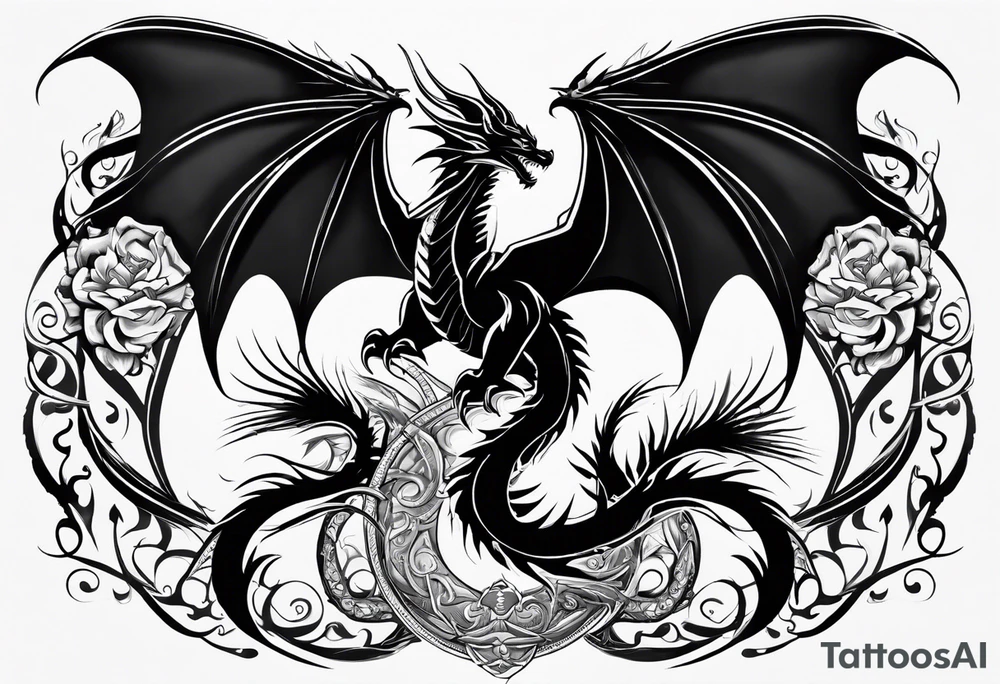 Mother dragon wings spread with 3 baby dragons tattoo idea