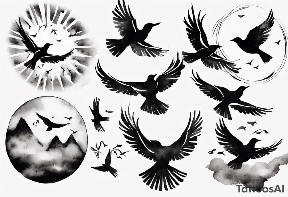 shoulder tattoo with light rays with birds flying free among the clouds, round shape, 3d effect tattoo idea shoulder tattoo with light rays with birds flying free among the clouds, round shape, 3d effect tattoo idea