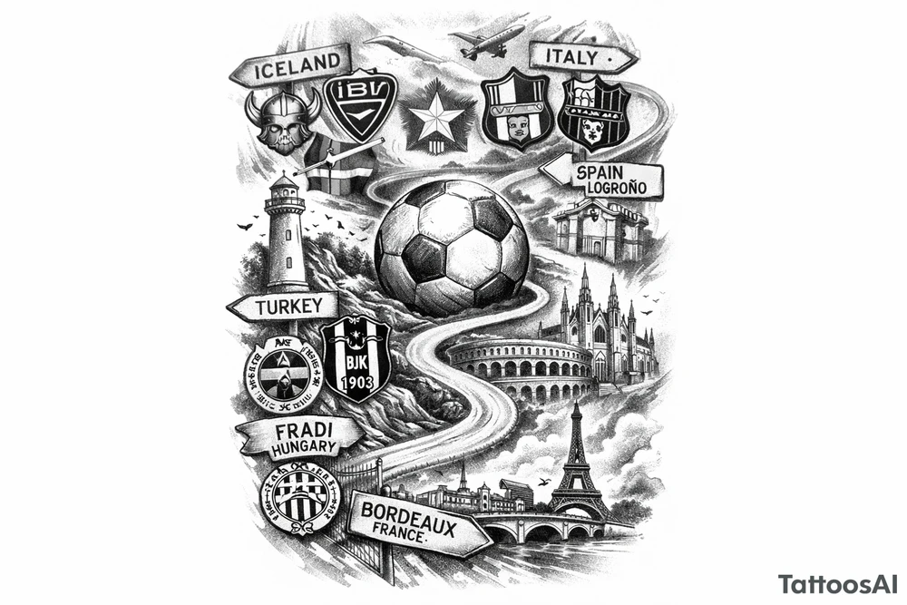 Iceland x3 (sindri, ibv, stjarnan) Italy x2 (Verona, Sassuolo) Spain (Logrono) Turkey x2 (Fenerbahce, Besiktas) Hungary (Fradi) France (Bordeaux) Something to do with football journey, surreal style to fit on arm tattoo idea