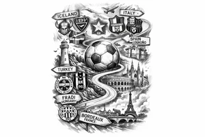 Iceland x3 (sindri, ibv, stjarnan) Italy x2 (Verona, Sassuolo) Spain (Logrono) Turkey x2 (Fenerbahce, Besiktas) Hungary (Fradi) France (Bordeaux) Something to do with football journey,  surreal style to fit on arm tattoo idea