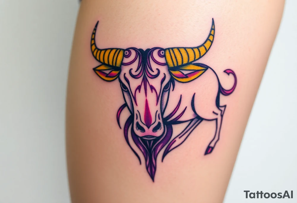Powerful Taurus tattoo with purple and yellow tattoo idea