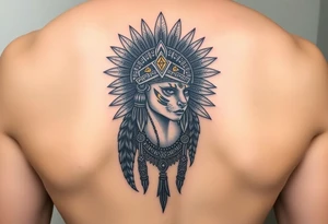 Aztec princess with a panther headdress with gold accents tattoo idea