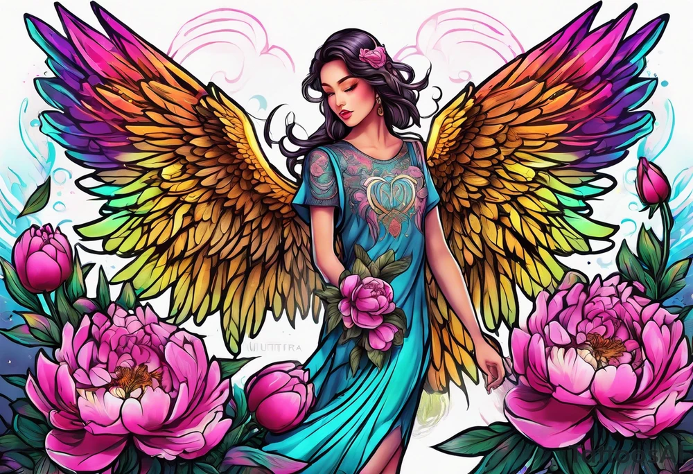 beautiful colorful neon angel wings, surrounded by beautiful peonies, new school style, streetwear, urban wear, tattoo idea