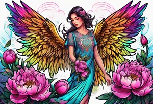 beautiful colorful neon angel wings, surrounded by beautiful peonies, new school style, streetwear, urban wear, tattoo idea