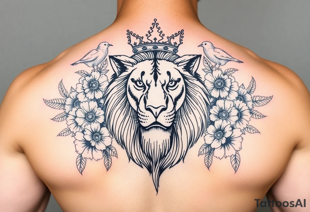 powerful majestic lion with a crown, surrounded by floral ornaments and birds tattoo idea