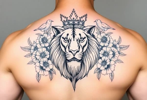 powerful majestic lion with a crown, surrounded by floral ornaments and birds tattoo idea