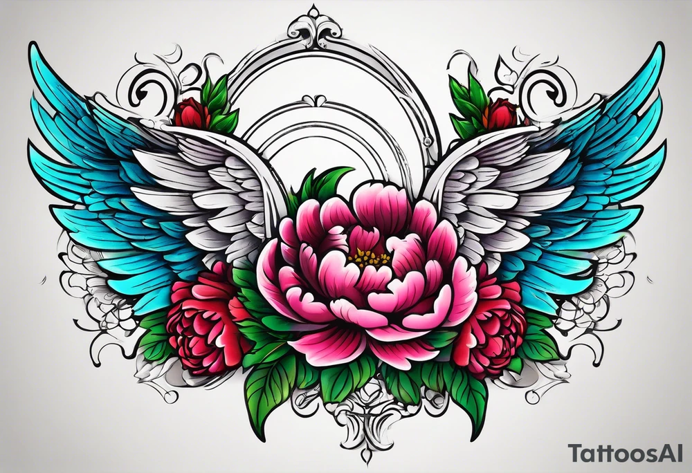 beautiful angel wings with colorful, peonies. beautiful flilligree in the background , full color, traditional old school , white background tattoo idea